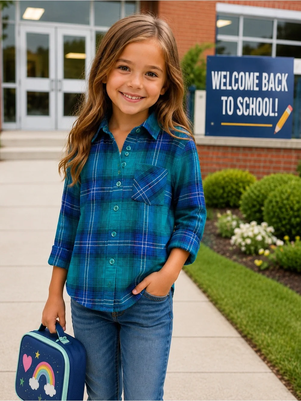 Justice Teal and Blue Plaid Button-Down Shirt